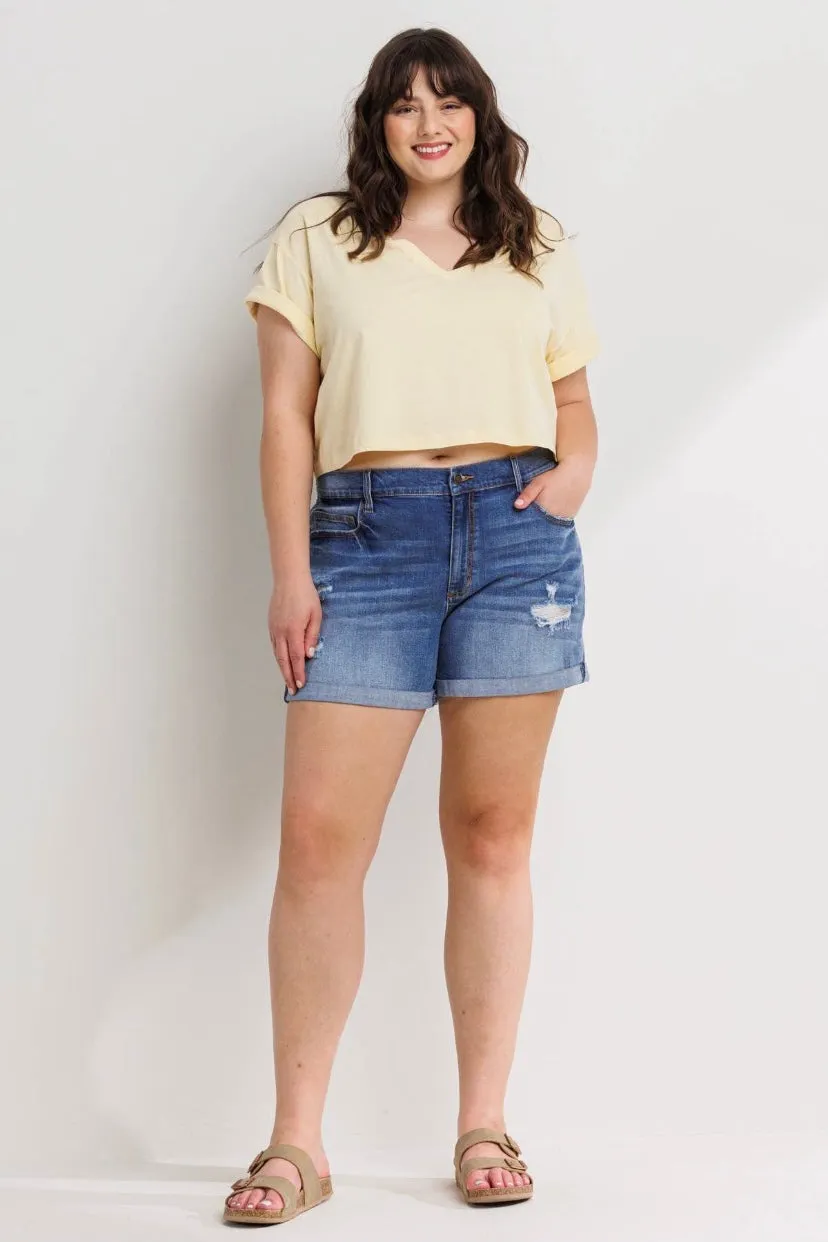 Sneak Peek Mid Rise TomBoy Denim Shorts (S-3X)