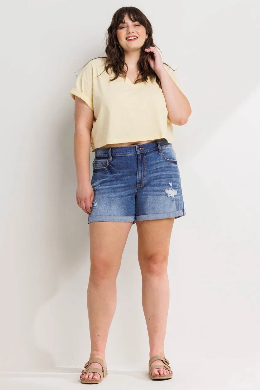 Sneak Peek Mid Rise TomBoy Denim Shorts (S-3X)
