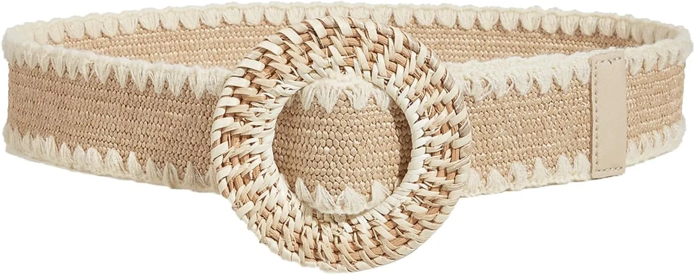 Straw Woven Belt Elastic Stretch Rattan Buckle Waist Belt for Women Dresses Fashion Wide Boho Braided Elastic Belt