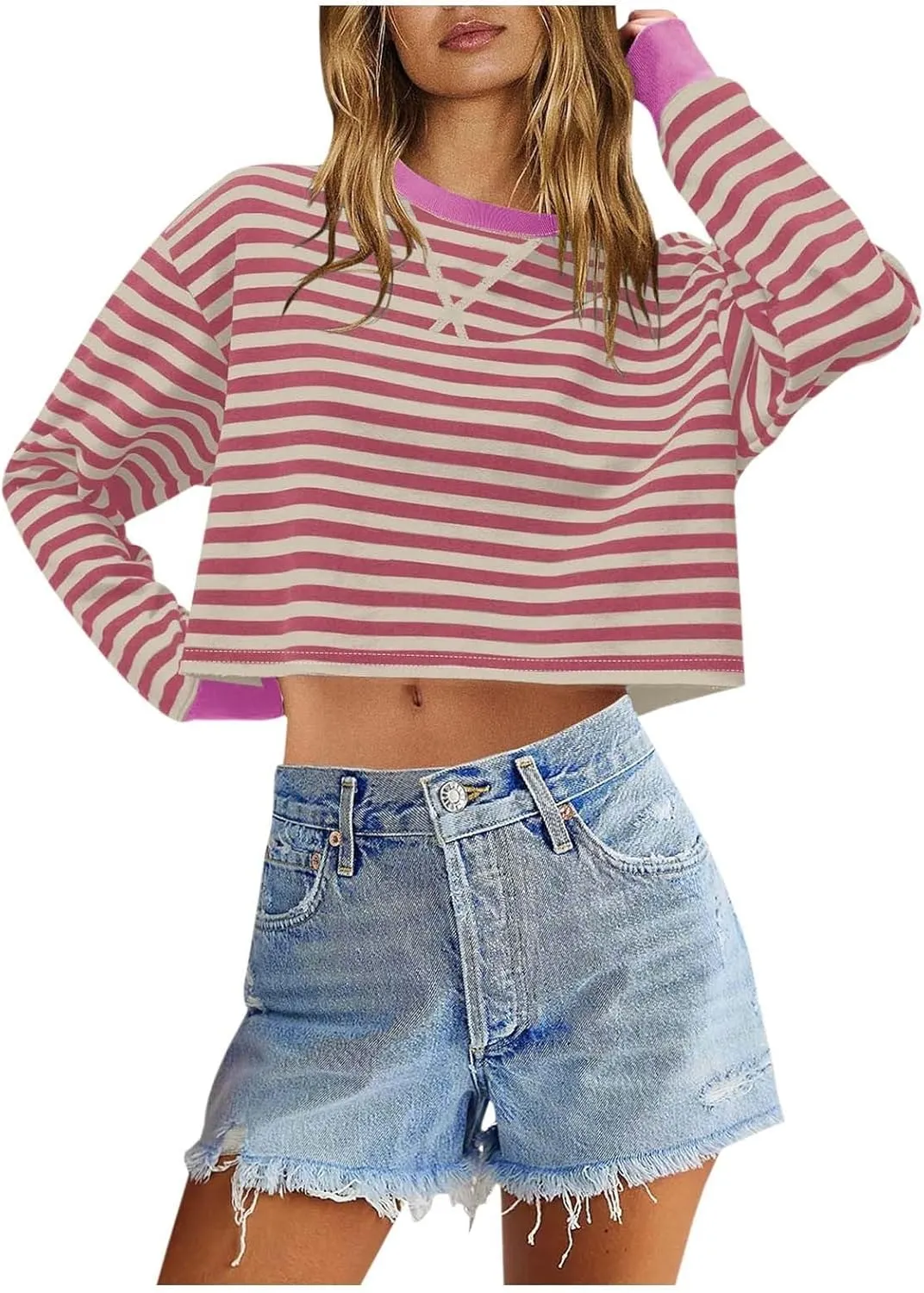 Striped Sweatshirt For Women Long Sleeve Color Block Crewneck Pullover Tops Casual Loose Cropped Fall Clothes