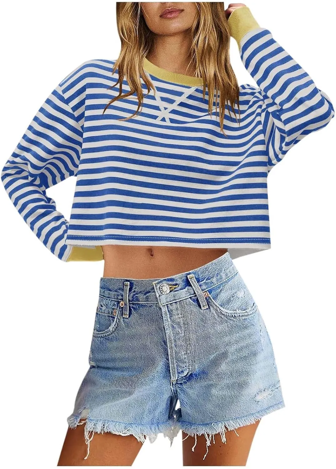 Striped Sweatshirt For Women Long Sleeve Color Block Crewneck Pullover Tops Casual Loose Cropped Fall Clothes