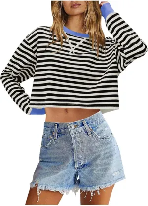 Striped Sweatshirt For Women Long Sleeve Color Block Crewneck Pullover Tops Casual Loose Cropped Fall Clothes