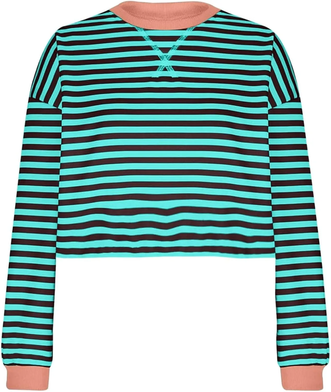 Striped Sweatshirt For Women Long Sleeve Color Block Crewneck Pullover Tops Casual Loose Cropped Fall Clothes