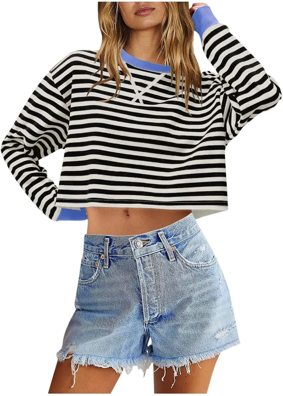 Striped Sweatshirt For Women Long Sleeve Color Block Crewneck Pullover Tops Casual Loose Cropped Fall Clothes