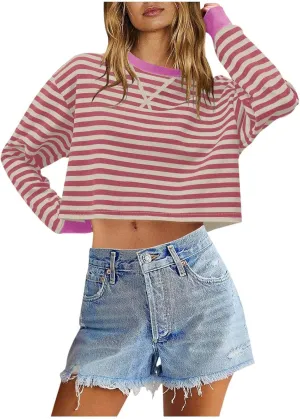 Striped Sweatshirt For Women Long Sleeve Color Block Crewneck Pullover Tops Casual Loose Cropped Fall Clothes