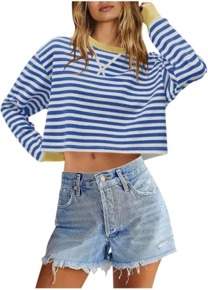 Striped Sweatshirt For Women Long Sleeve Color Block Crewneck Pullover Tops Casual Loose Cropped Fall Clothes