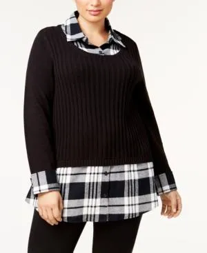 Style & Co. Northern Lights Ribbed Knit Layered Sweater, Black Combo 1X