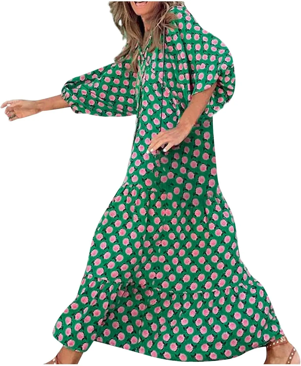 Summer Boho Dresses for Women 2025 Puff Sleeve Flower Geometric Maxi Dress Comfy Tiered Gingham Long Flowy Dress