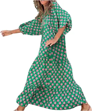 Summer Boho Dresses for Women 2025 Puff Sleeve Flower Geometric Maxi Dress Comfy Tiered Gingham Long Flowy Dress
