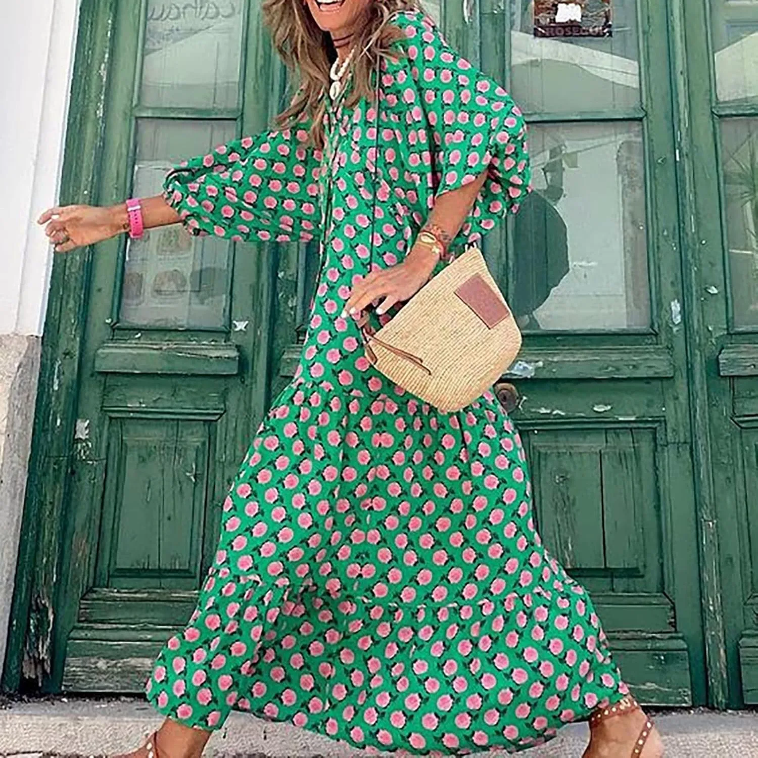 Summer Boho Dresses for Women 2025 Puff Sleeve Flower Geometric Maxi Dress Comfy Tiered Gingham Long Flowy Dress