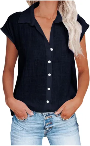 Summer Cotton Linen Shirts for Women 2024 Ladies Lapel Cap Sleeve Cotton Gauze Tops Casual Trendy Button Down Dressy Blouses