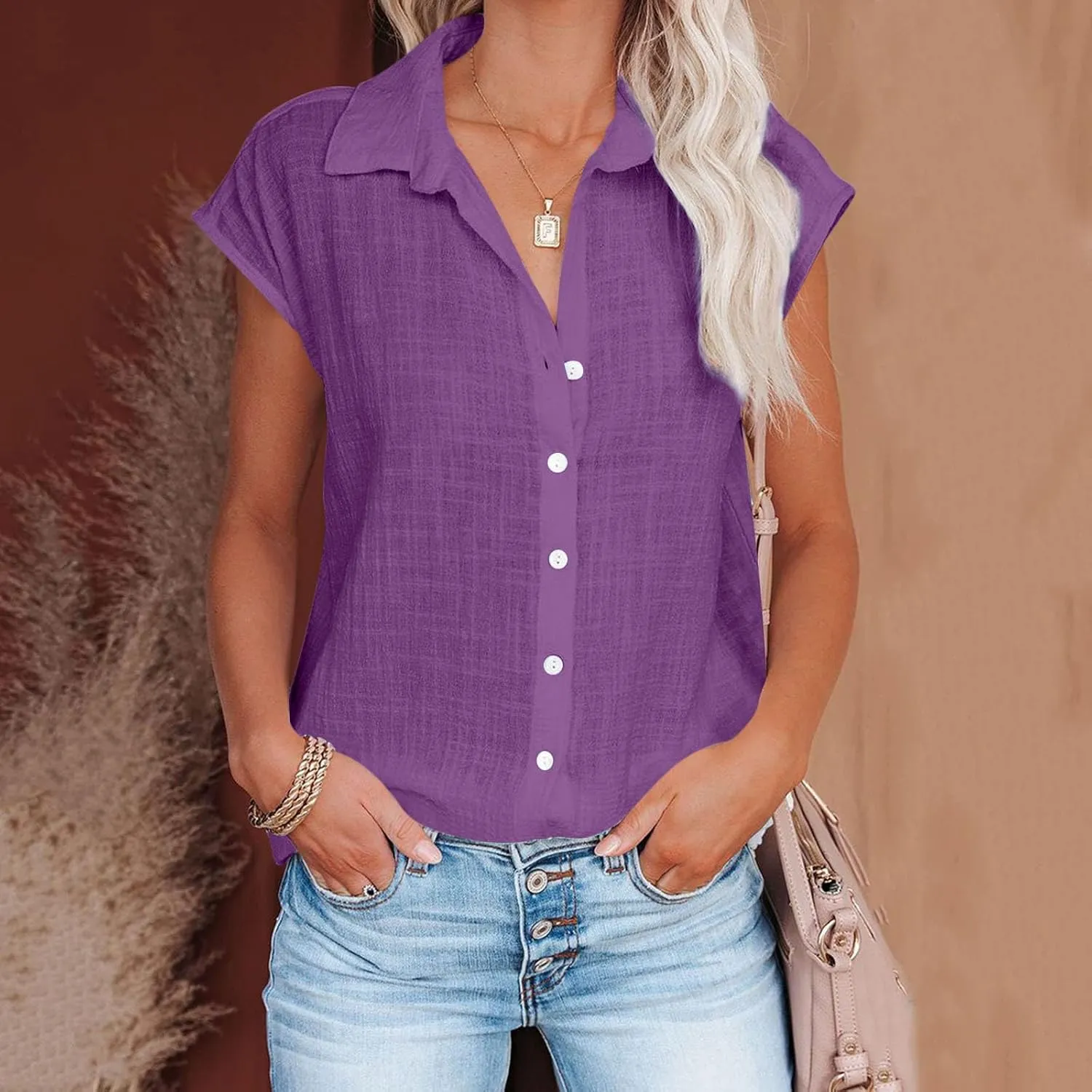 Summer Cotton Linen Shirts for Women 2024 Ladies Lapel Cap Sleeve Cotton Gauze Tops Casual Trendy Button Down Dressy Blouses