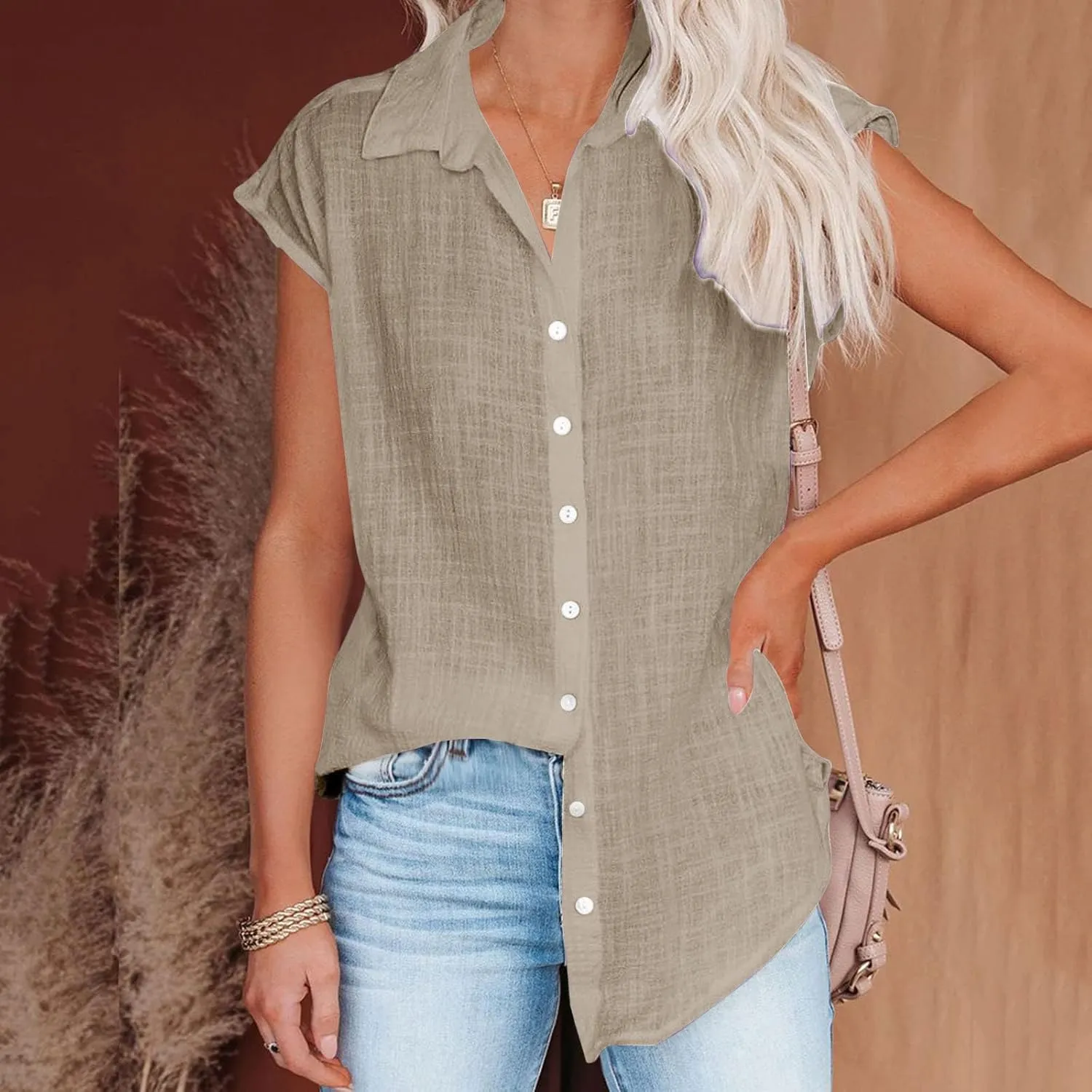 Summer Cotton Linen Shirts for Women 2024 Ladies Lapel Cap Sleeve Cotton Gauze Tops Casual Trendy Button Down Dressy Blouses