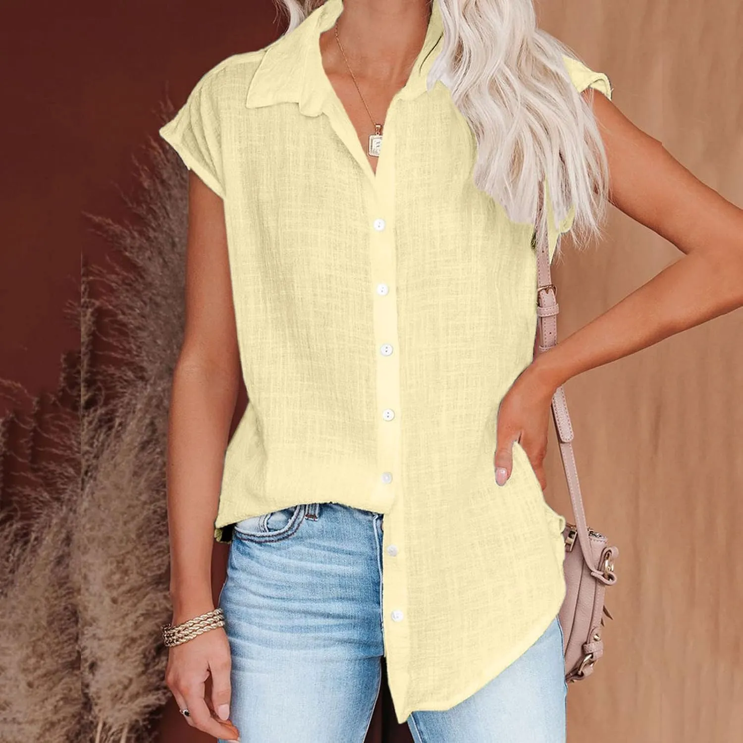 Summer Cotton Linen Shirts for Women 2024 Ladies Lapel Cap Sleeve Cotton Gauze Tops Casual Trendy Button Down Dressy Blouses