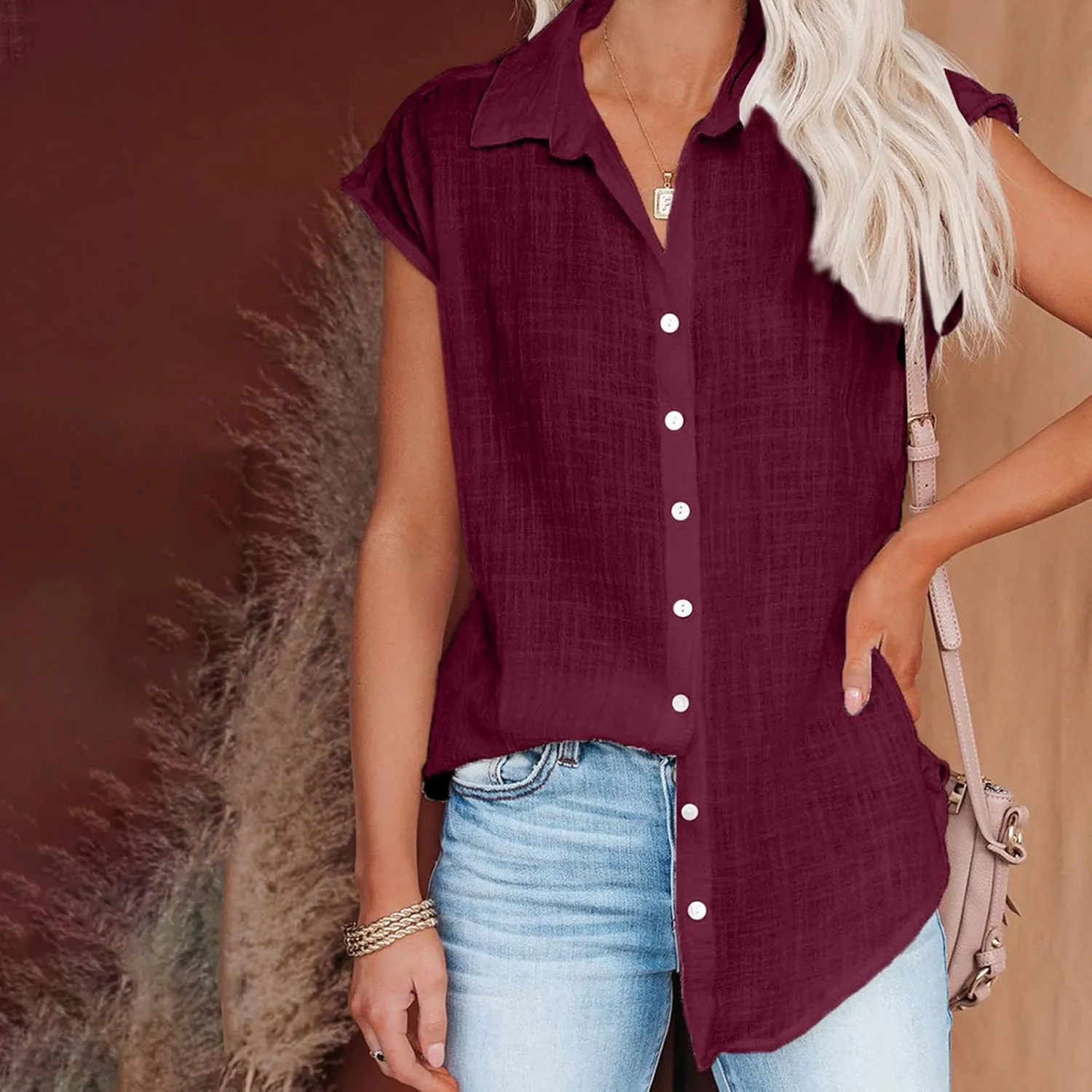 Summer Cotton Linen Shirts for Women 2024 Ladies Lapel Cap Sleeve Cotton Gauze Tops Casual Trendy Button Down Dressy Blouses