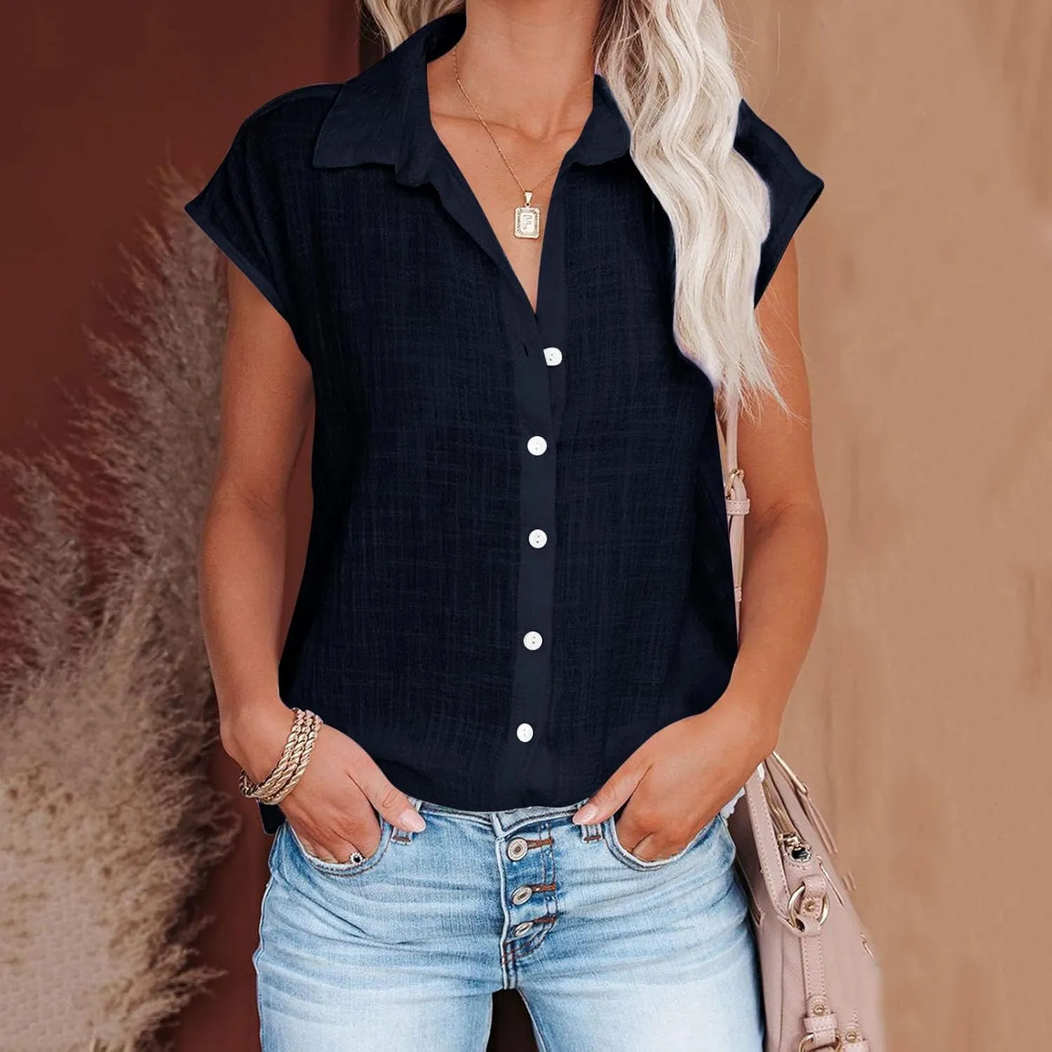 Summer Cotton Linen Shirts for Women 2024 Ladies Lapel Cap Sleeve Cotton Gauze Tops Casual Trendy Button Down Dressy Blouses