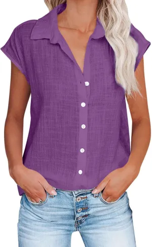 Summer Cotton Linen Shirts for Women 2024 Ladies Lapel Cap Sleeve Cotton Gauze Tops Casual Trendy Button Down Dressy Blouses