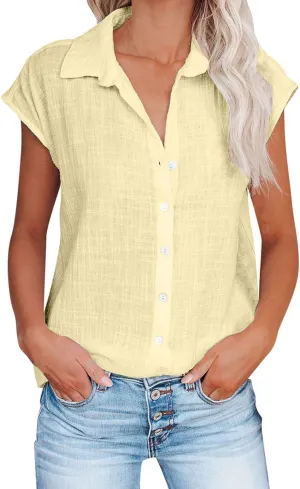 Summer Cotton Linen Shirts for Women 2024 Ladies Lapel Cap Sleeve Cotton Gauze Tops Casual Trendy Button Down Dressy Blouses