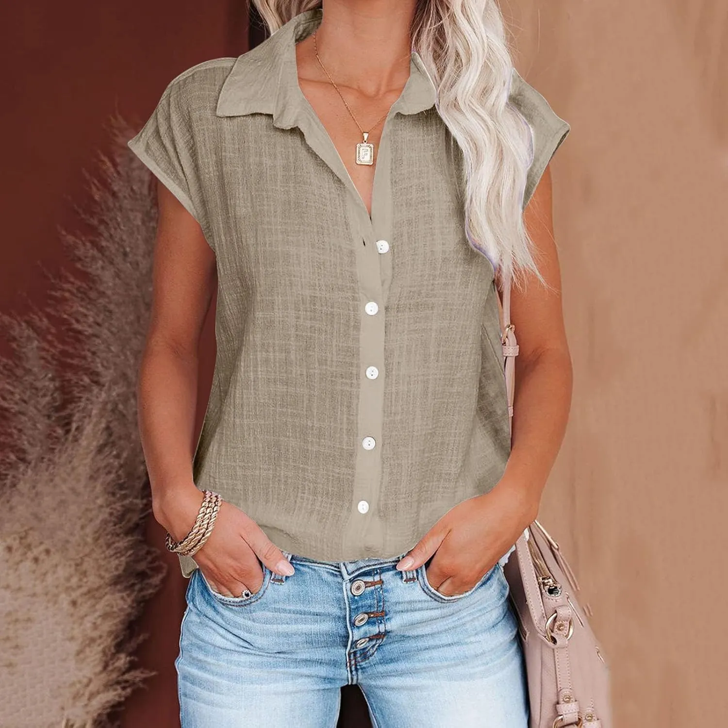 Summer Cotton Linen Shirts for Women 2024 Ladies Lapel Cap Sleeve Cotton Gauze Tops Casual Trendy Button Down Dressy Blouses