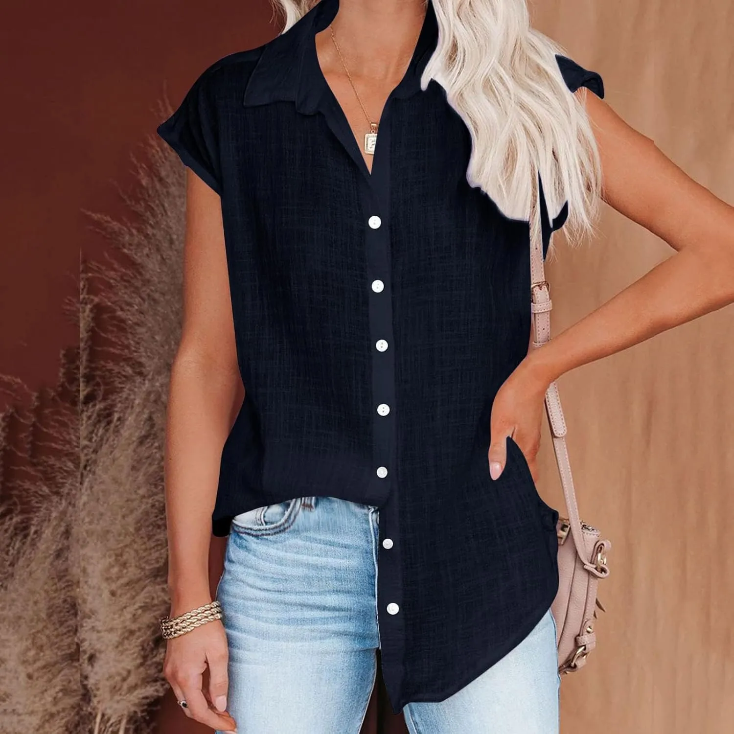 Summer Cotton Linen Shirts for Women 2024 Ladies Lapel Cap Sleeve Cotton Gauze Tops Casual Trendy Button Down Dressy Blouses