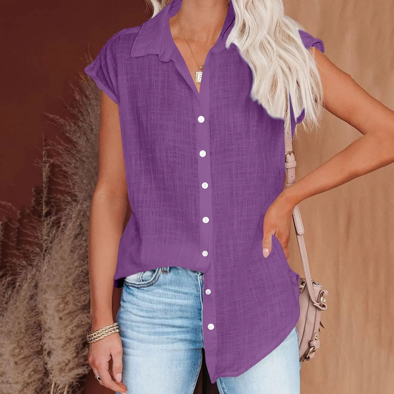 Summer Cotton Linen Shirts for Women 2024 Ladies Lapel Cap Sleeve Cotton Gauze Tops Casual Trendy Button Down Dressy Blouses