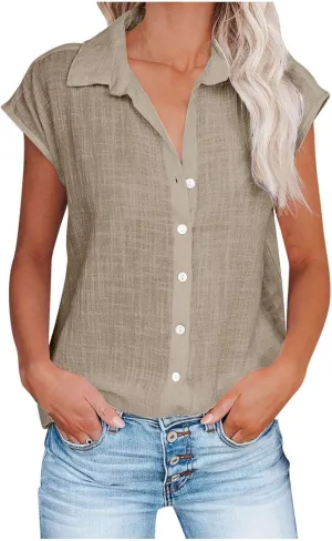 Summer Cotton Linen Shirts for Women 2024 Ladies Lapel Cap Sleeve Cotton Gauze Tops Casual Trendy Button Down Dressy Blouses