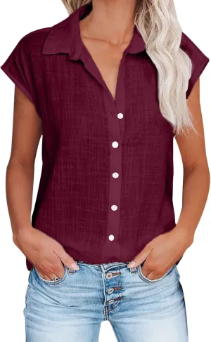 Summer Cotton Linen Shirts for Women 2024 Ladies Lapel Cap Sleeve Cotton Gauze Tops Casual Trendy Button Down Dressy Blouses