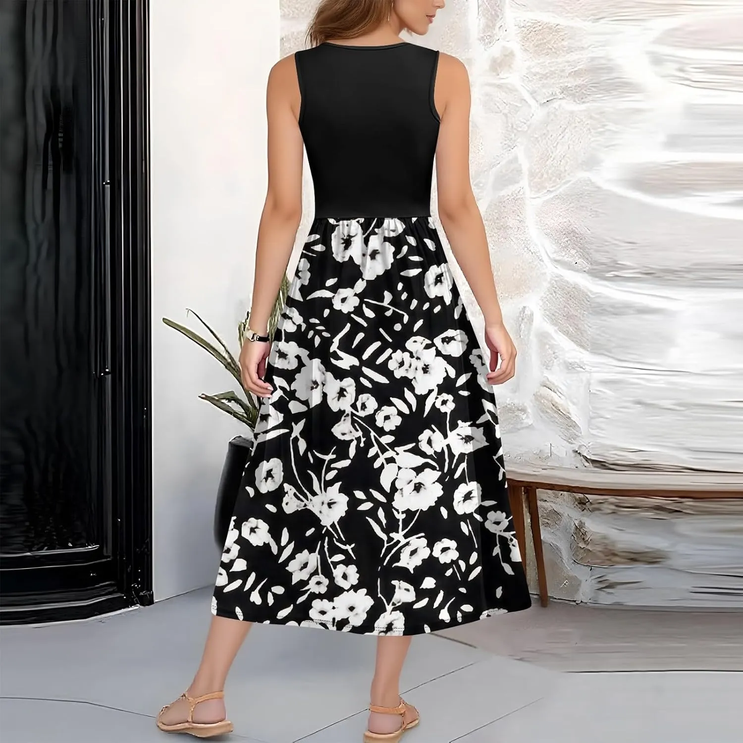 Summer Pop A Line Dress for Women Sleeveless Party Loose Fit Women Printed V-Neck