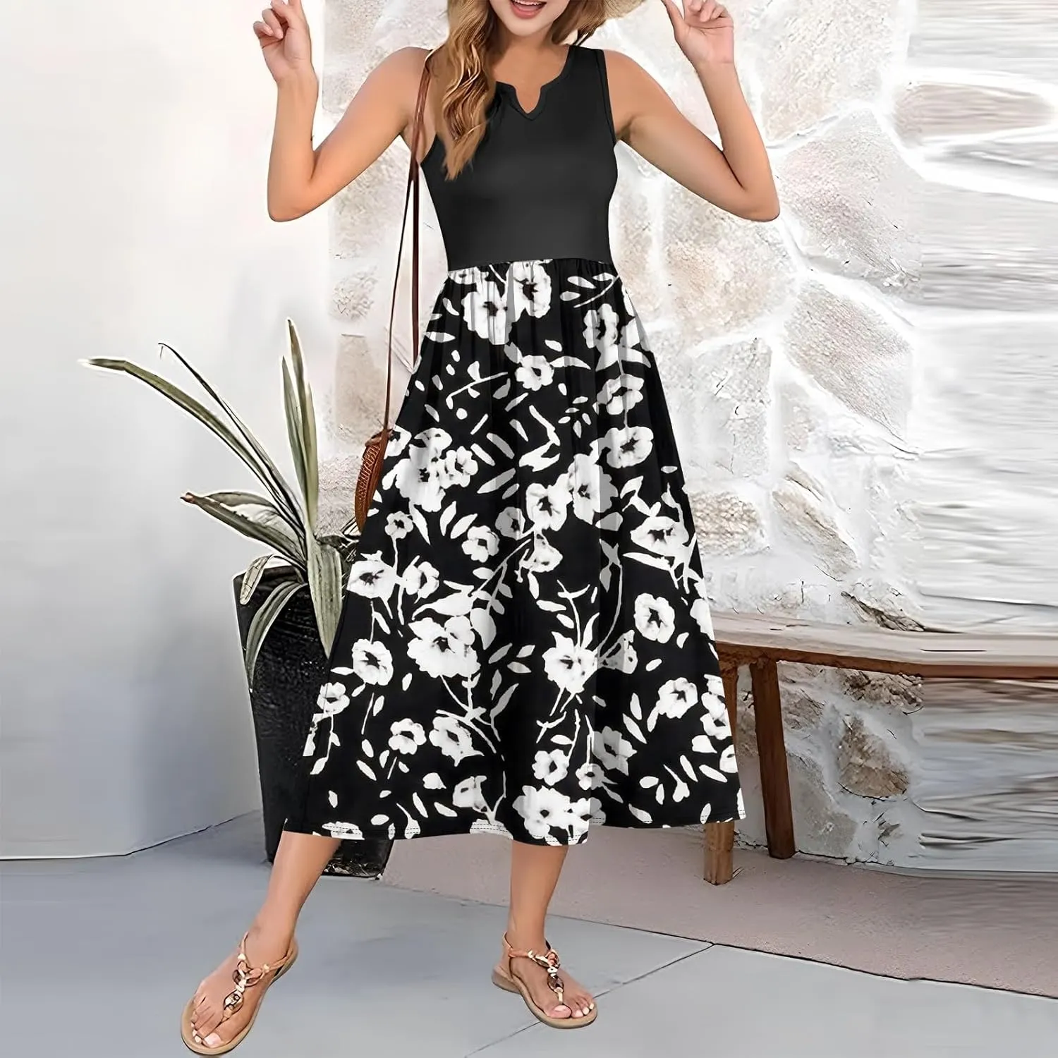 Summer Pop A Line Dress for Women Sleeveless Party Loose Fit Women Printed V-Neck