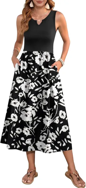 Summer Pop A Line Dress for Women Sleeveless Party Loose Fit Women Printed V-Neck