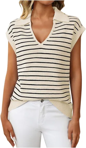 Summer Stripe Knit Tank Tops for Women, Lapel V-Neck Fashion Cap Sleeve Tunic Shirts Comfy Breathable Daily Clothes