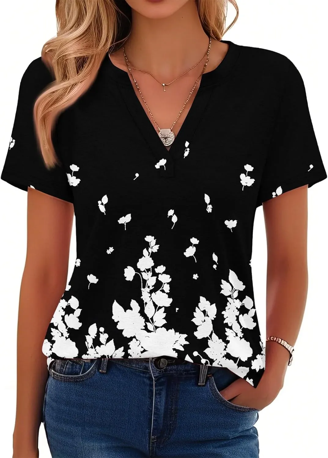 Summer Tops for Womens 2025 Short Sleeve T-Shirts Trendy Fashion Clothes V Neck Tshirts Ladies Casual Blouses