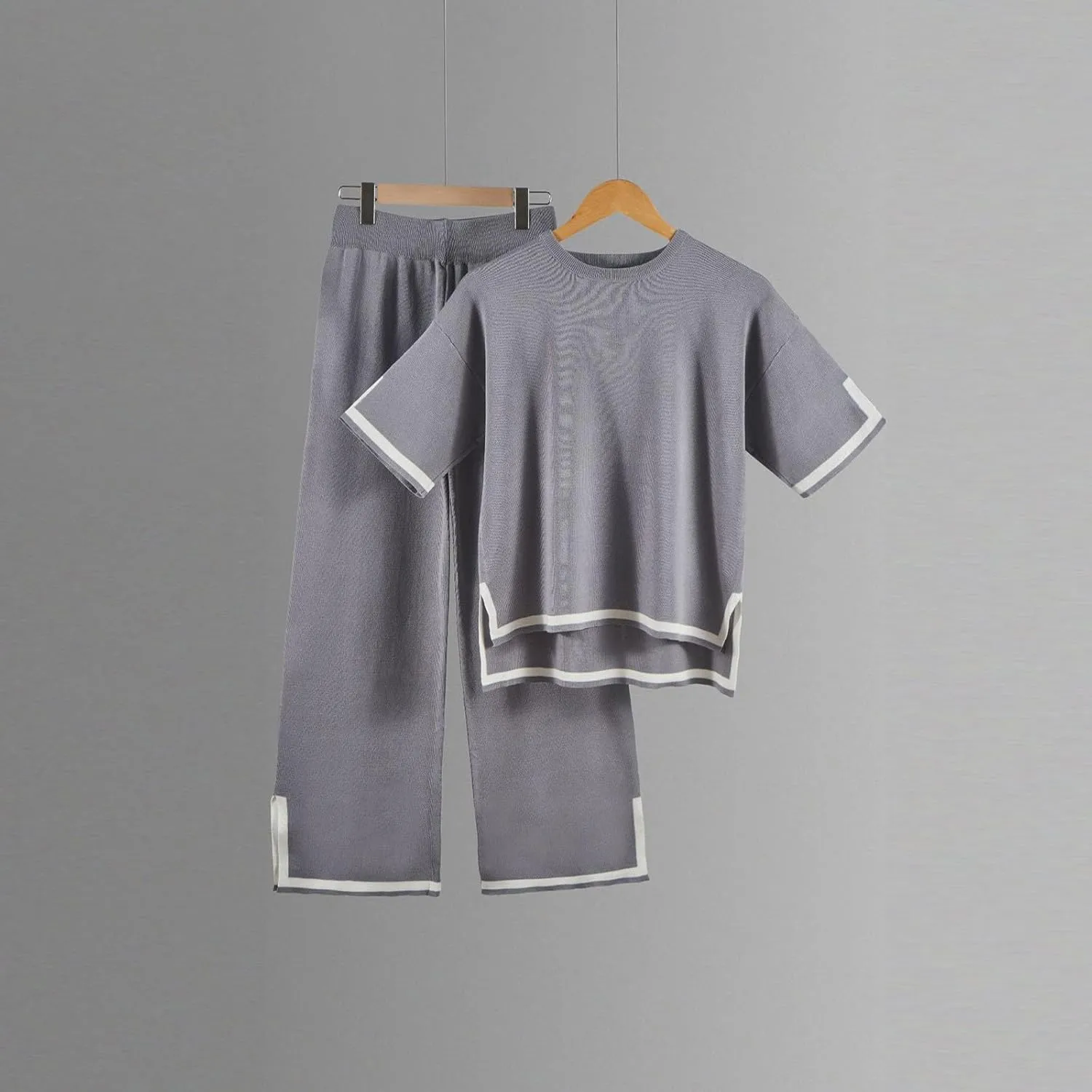 Sweater Sets Women 2 Piece Lounge Sets Short Sleeve Knit Pullover Cropped Tops Wide Leg Pants Tracksuit Sweatsuits