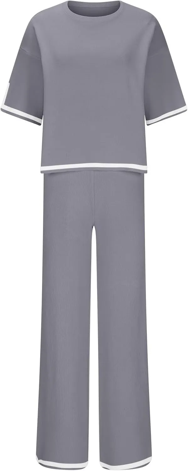 Sweater Sets Women 2 Piece Lounge Sets Short Sleeve Knit Pullover Cropped Tops Wide Leg Pants Tracksuit Sweatsuits
