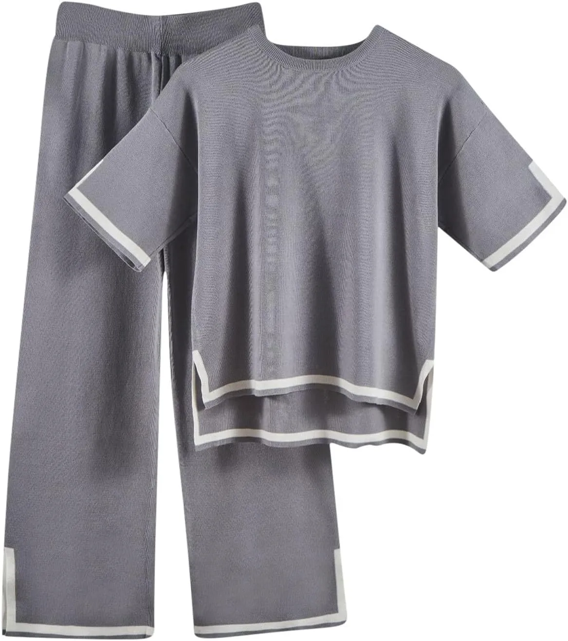 Sweater Sets Women 2 Piece Lounge Sets Short Sleeve Knit Pullover Cropped Tops Wide Leg Pants Tracksuit Sweatsuits