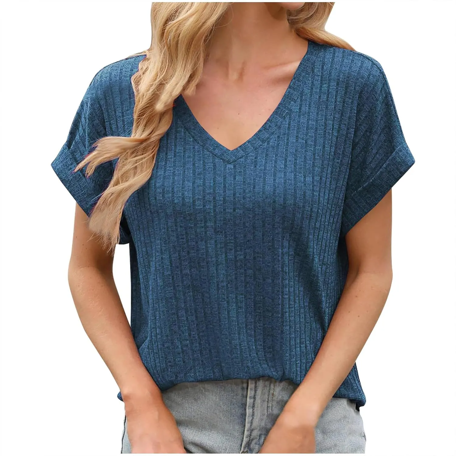 T Shirts for Women V Neck Ribbed Knit Casual Shirts Basic Tees Tops 2025 Summer Slim Fit T-Shirts Going Out Outfits