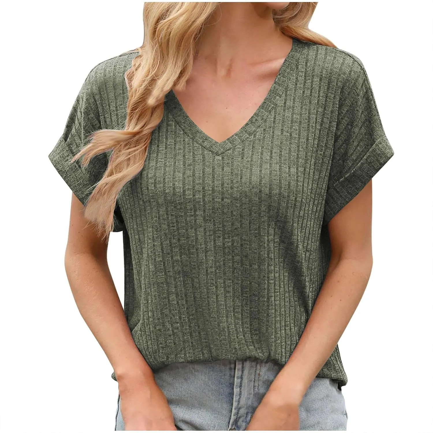 T Shirts for Women V Neck Ribbed Knit Casual Shirts Basic Tees Tops 2025 Summer Slim Fit T-Shirts Going Out Outfits