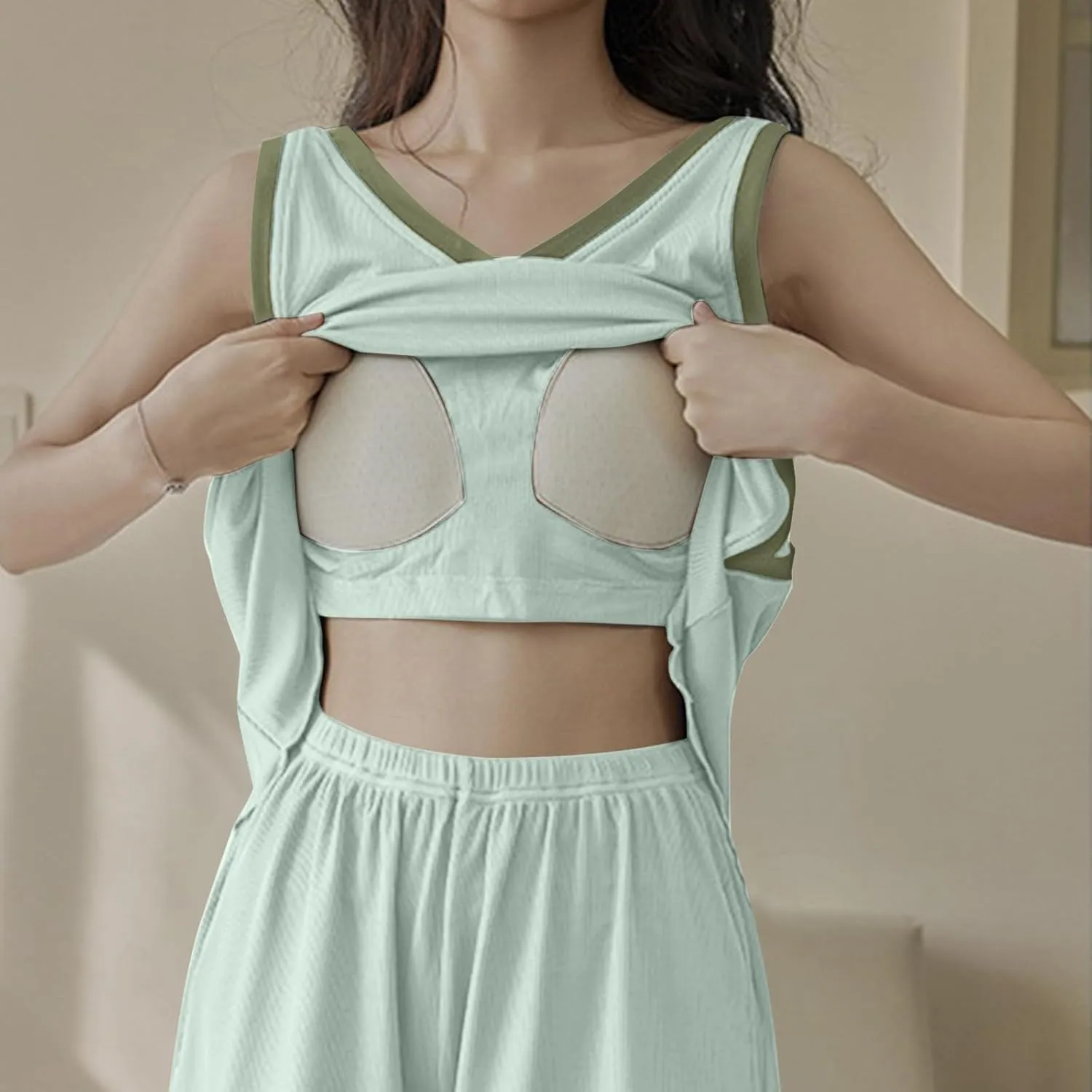 Tank Top with Built in Bra Shorts Pajama Set for Women Summer Ice Silk 2 Piece Loungewear Sleeveless Pajamas Set
