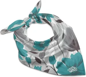 Teal Grey And White Floral Silk Scarf Fashion Satin Head Scarf Lightweight Head Scarves for Neck Silk Scarves for Women Men Boho Hair Wrap Sleeping Kerchief Bandanas Pocket Square 25" X 25"