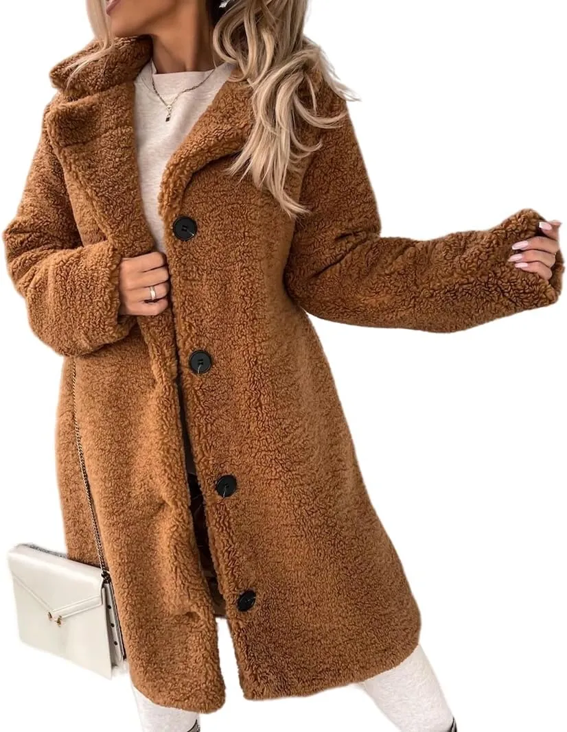 Teddy Bear Jacket for Women Fuzzy Fleece Coat Lapel Long Sleeve Cardigan Faux Fur Warm Winter Outwear Long Overcoat