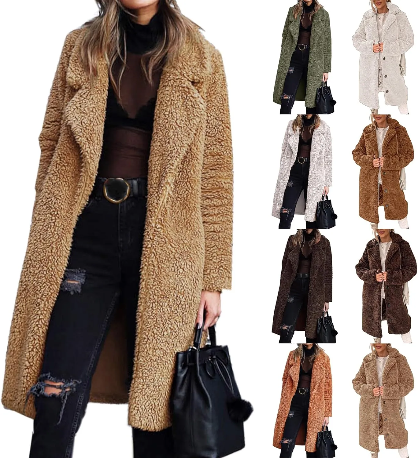 Teddy Bear Jacket for Women Fuzzy Fleece Coat Lapel Long Sleeve Cardigan Faux Fur Warm Winter Outwear Long Overcoat