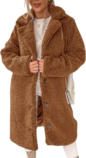 Teddy Bear Jacket for Women Fuzzy Fleece Coat Lapel Long Sleeve Cardigan Faux Fur Warm Winter Outwear Long Overcoat