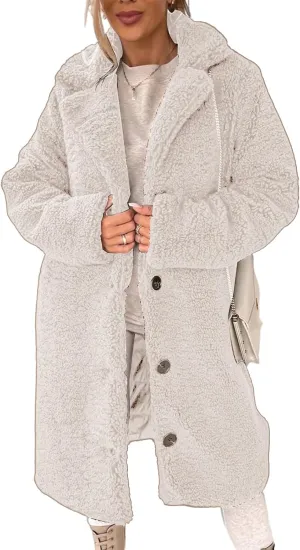 Teddy Bear Jacket for Women Fuzzy Fleece Coat Lapel Long Sleeve Cardigan Faux Fur Warm Winter Outwear Long Overcoat