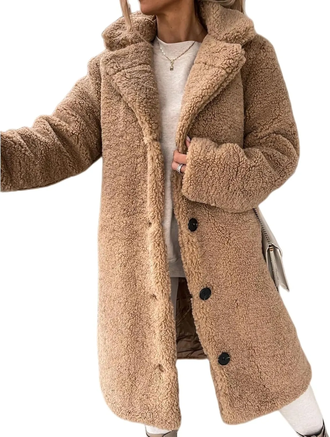 Teddy Bear Jacket for Women Fuzzy Fleece Coat Lapel Long Sleeve Cardigan Faux Fur Warm Winter Outwear Long Overcoat