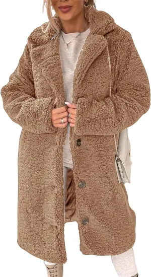 Teddy Bear Jacket for Women Fuzzy Fleece Coat Lapel Long Sleeve Cardigan Faux Fur Warm Winter Outwear Long Overcoat