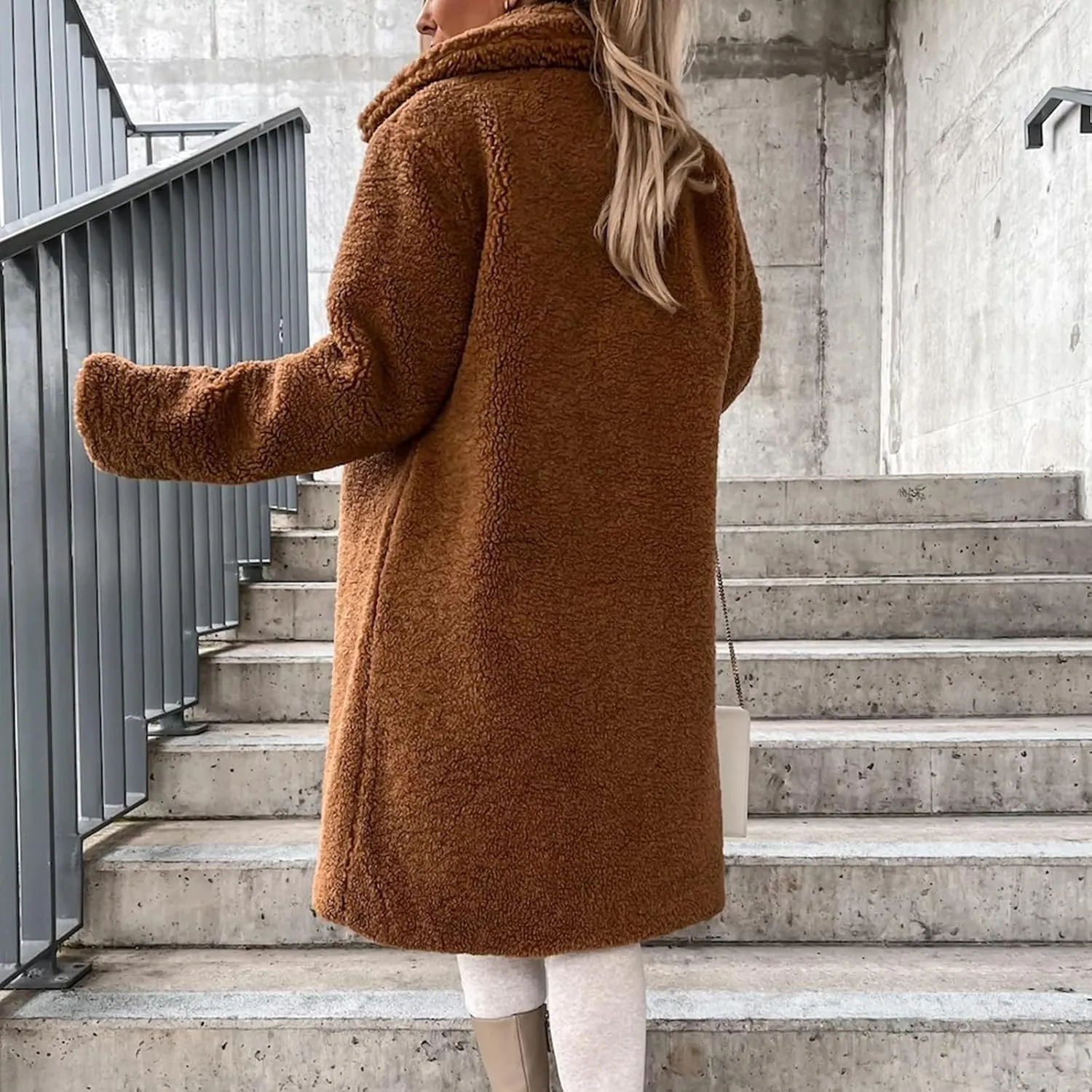 Teddy Bear Jacket for Women Fuzzy Fleece Coat Lapel Long Sleeve Cardigan Faux Fur Warm Winter Outwear Long Overcoat