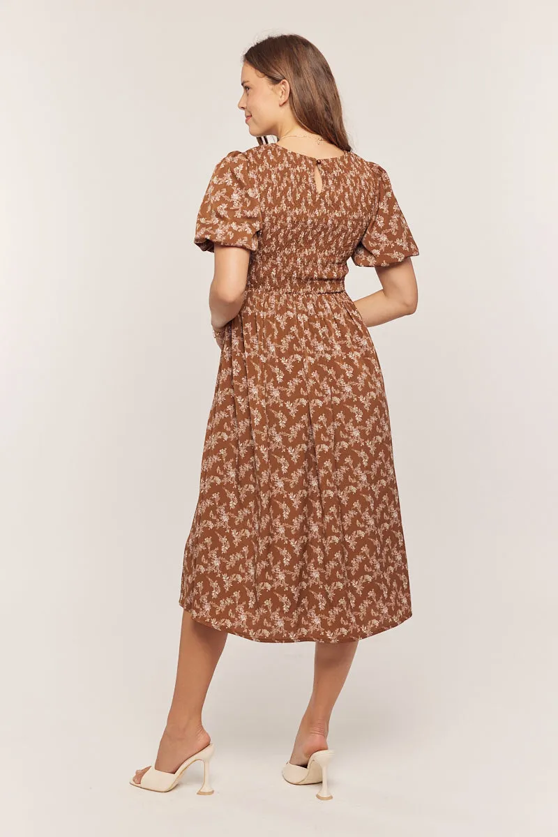 The Nikki Printed Smocked Dress in Brown/Plum