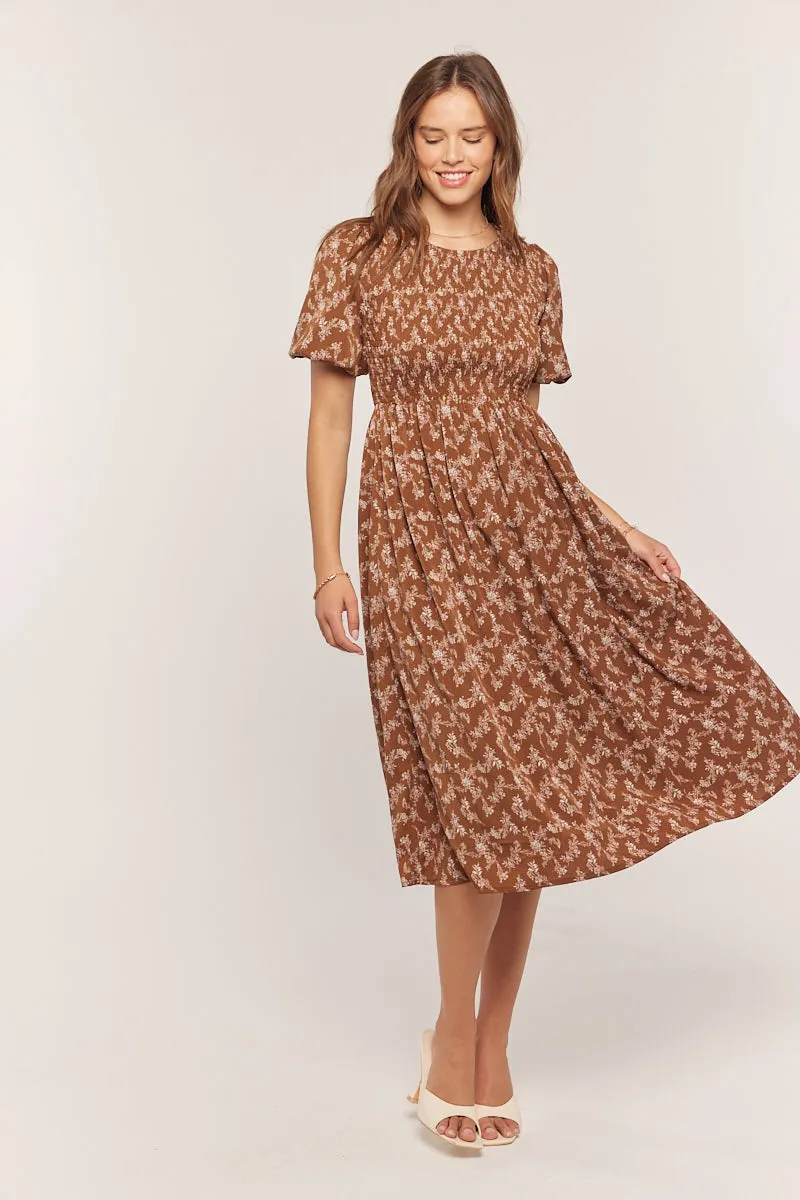 The Nikki Printed Smocked Dress in Brown/Plum