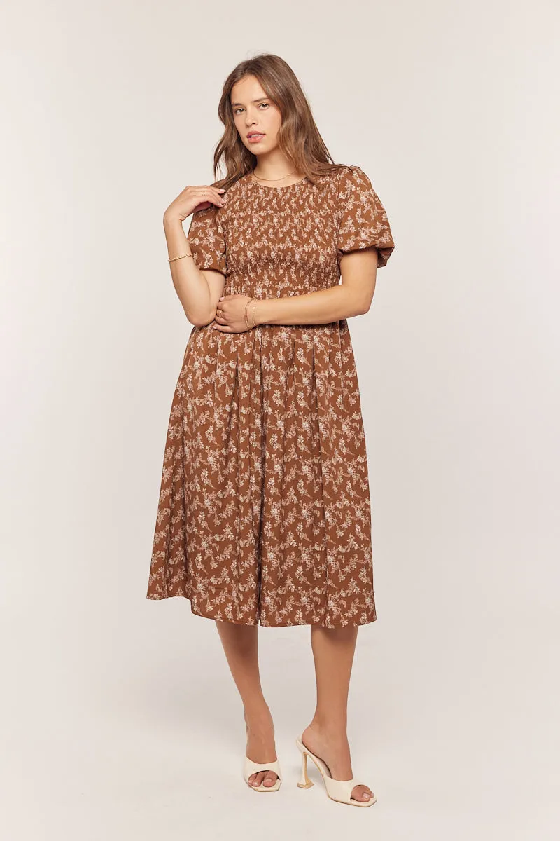 The Nikki Printed Smocked Dress in Brown/Plum