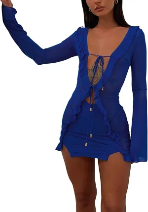 TICIFEN Women's Hollow Out Long Sleeve Bodycon Dress Sheer Mesh Patchwork Mini Dress Cut Out Tie Front Bandage Party Dress